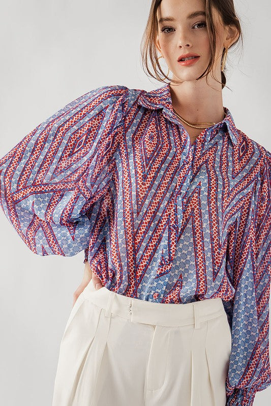 Printed Puff Sleeve Button Up
