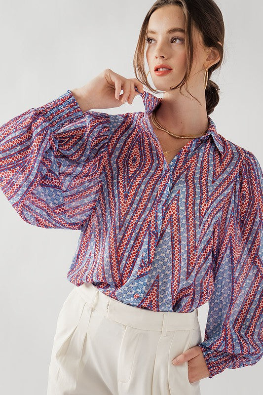 Printed Puff Sleeve Button Up