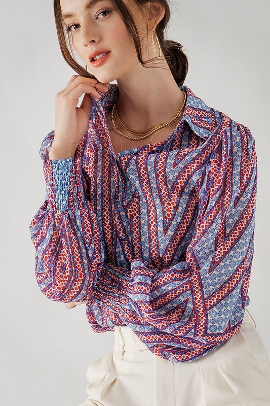 Printed Puff Sleeve Button Up