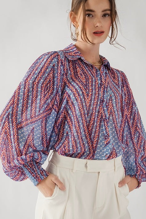 Printed Puff Sleeve Button Up