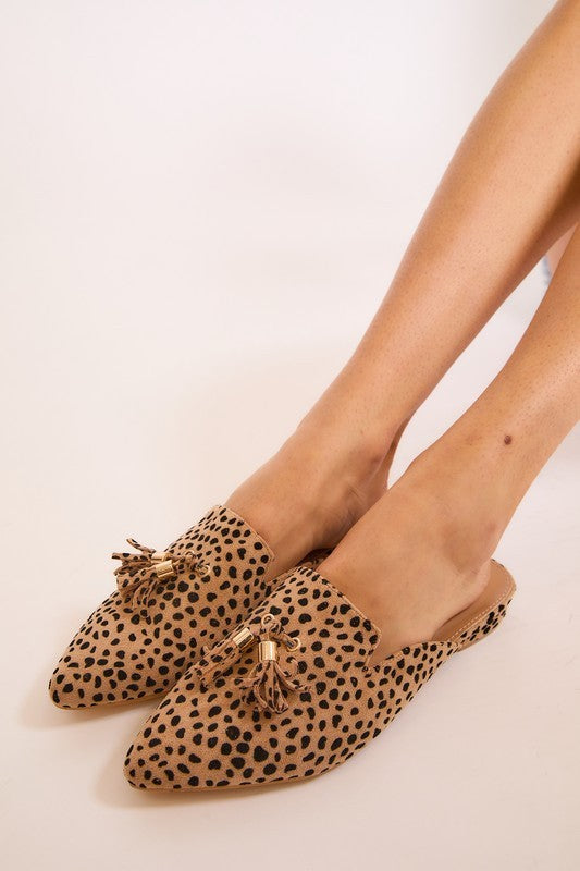 Leopard print tassel mules