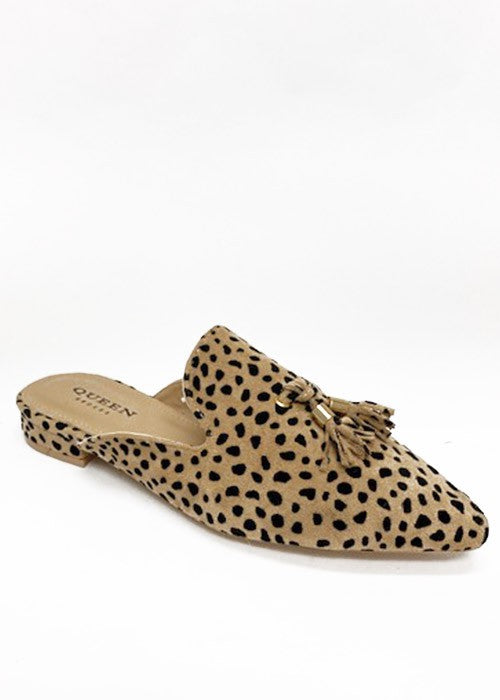 Leopard print tassel mules