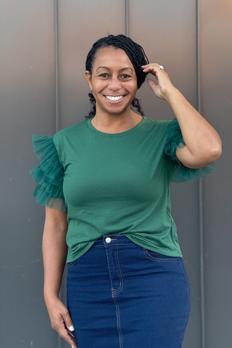 Hunter Green Top w/ Tulle Ruffle Sleeve