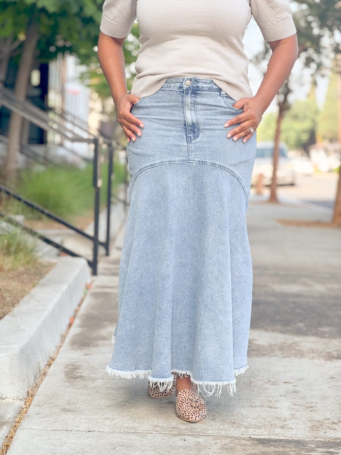 Flared Denim Midi Skirt