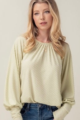 Texture Polka Dot Bishop Sleeve Top