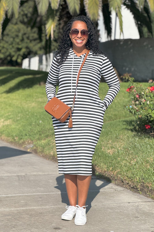 Black & White Stripe Hoodie Dress