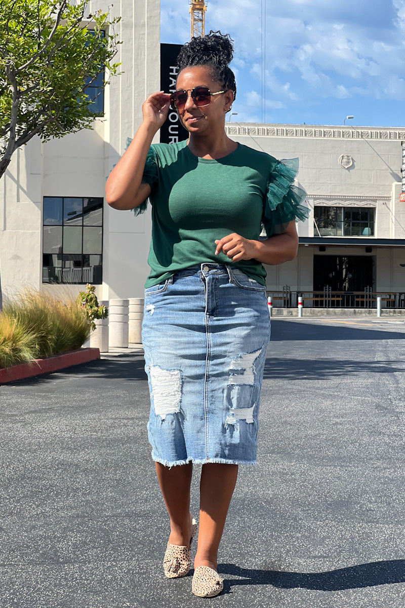 Hunter Green Top w/ Tulle Ruffle Sleeve