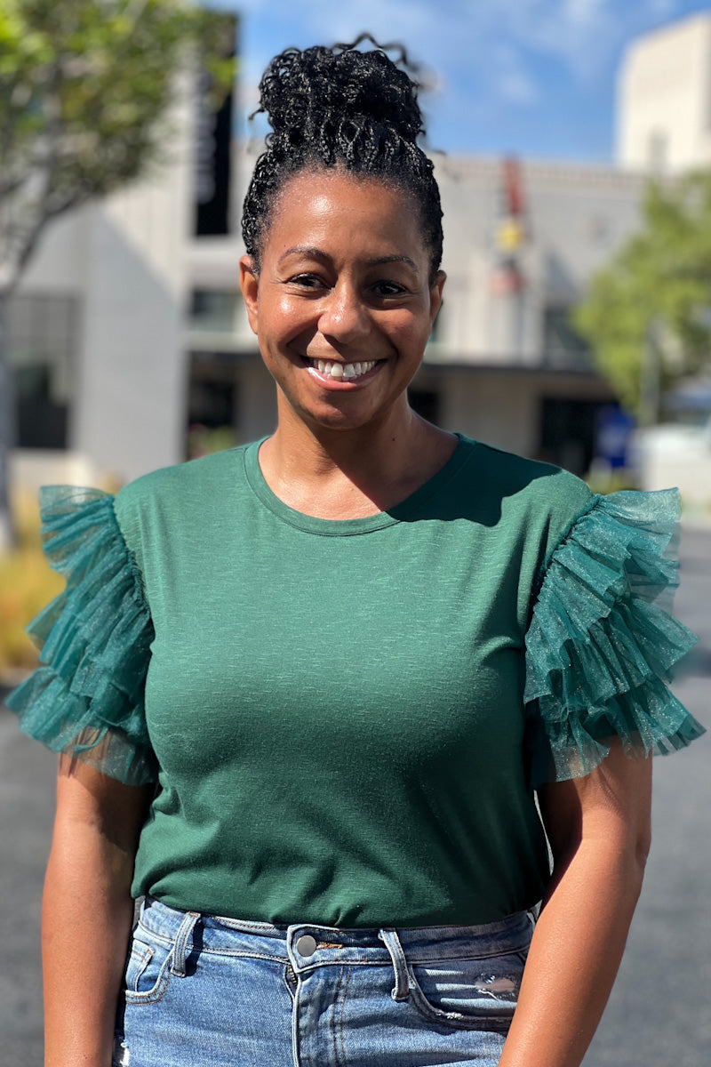 Hunter Green Top w/ Tulle Ruffle Sleeve