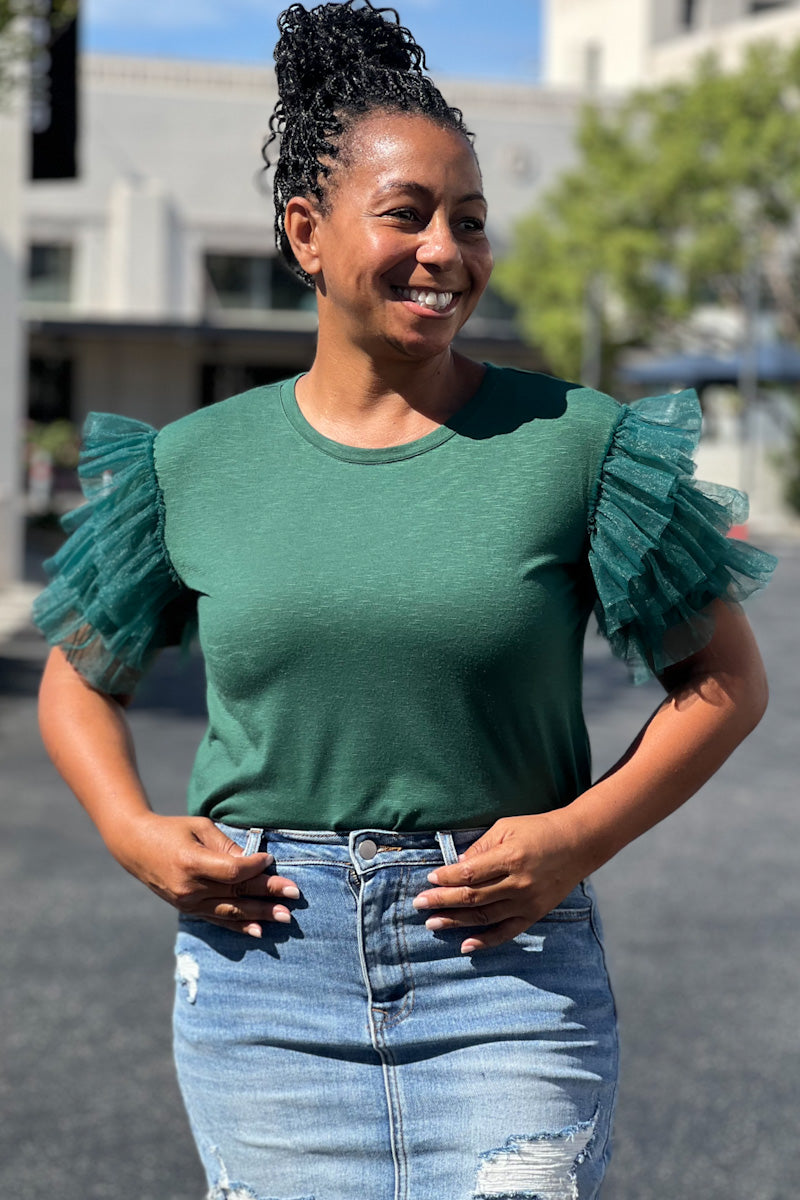 Hunter Green Top w/ Tulle Ruffle Sleeve